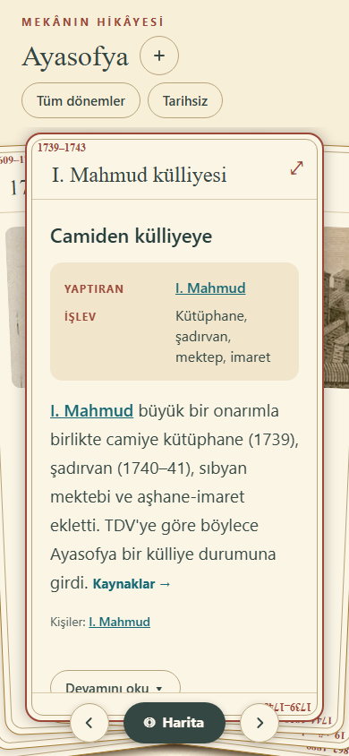 A Placeago period card with a short passage, person link and source action.