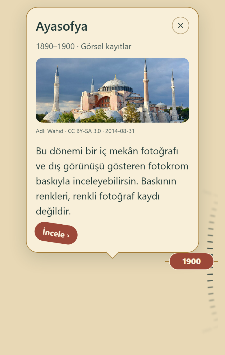 The app with 1900 selected, showing the Hagia Sophia card and year wheel.
