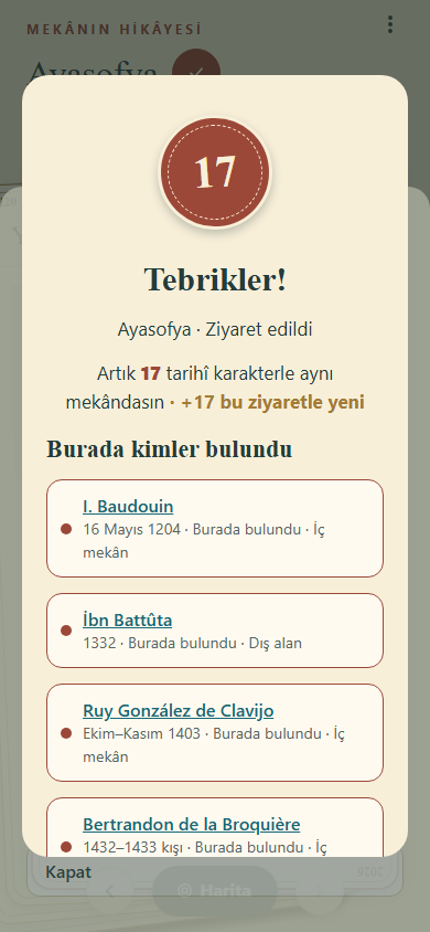 Placeago visit screen listing people who were at the same place at different times.
